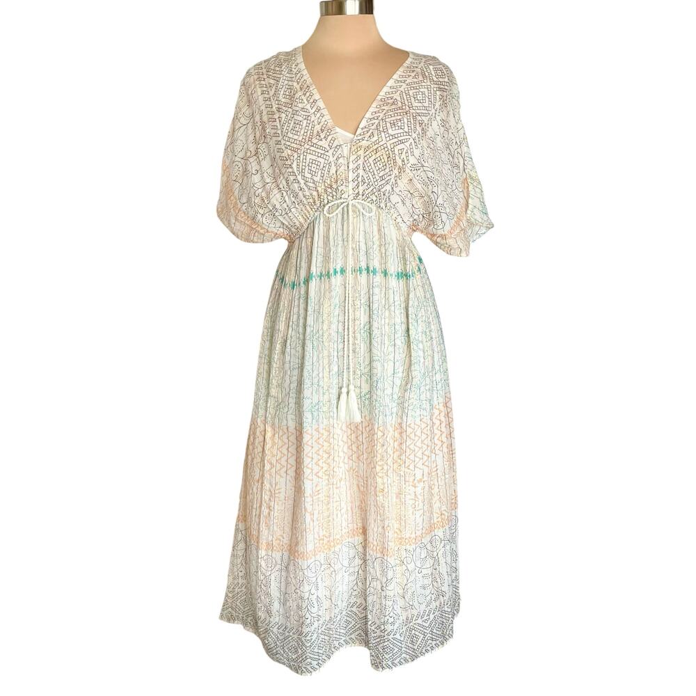 World Market Kaftan Maxi Dress Cream Multicolor Tribal Floral Pattern Size S/M - Picture 2 of 15